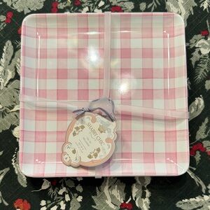 Pink Gingham Square Plate Shabby chic nwt set of 4 square dishes